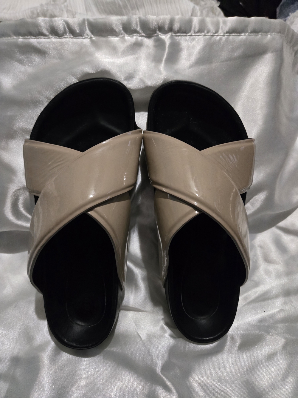 Celine Patent Crisscross Slide Mules in Beige and Black